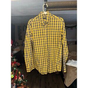 Men’s Dress Up Button Down Shirt Yellow and Blue Plaid Size Medium